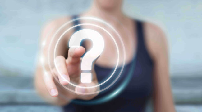 Businesswoman using question marks digital interface 3D rendering